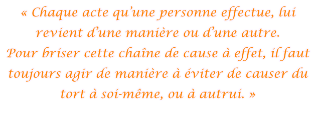 « Chaque acte qu’une personne effectue, lui revient d’une manière ou d’une autre. Pour briser cette chaîne de cause à effet, il faut toujours agir de manière à éviter de causer du tort à soi-même, ou à autrui. »